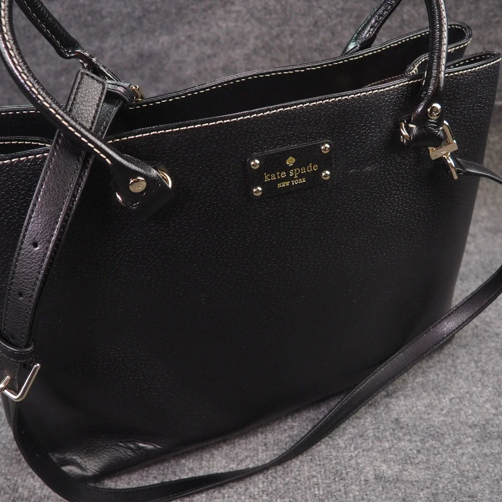Kate Spade Tote Black Pebbled Leather Contrast Stitch Polka Dot Lining Handbag